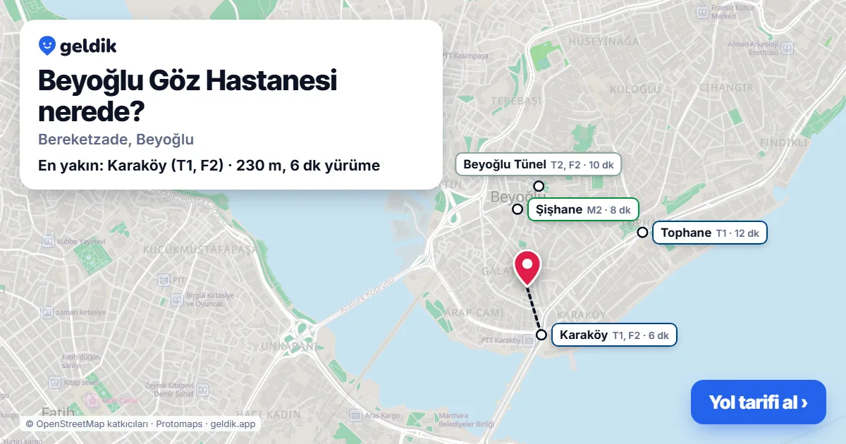 Beyoğlu Göz Hastanesi nerede: haritada konumu ve en yakın duraklar, yürüme süreleriyle