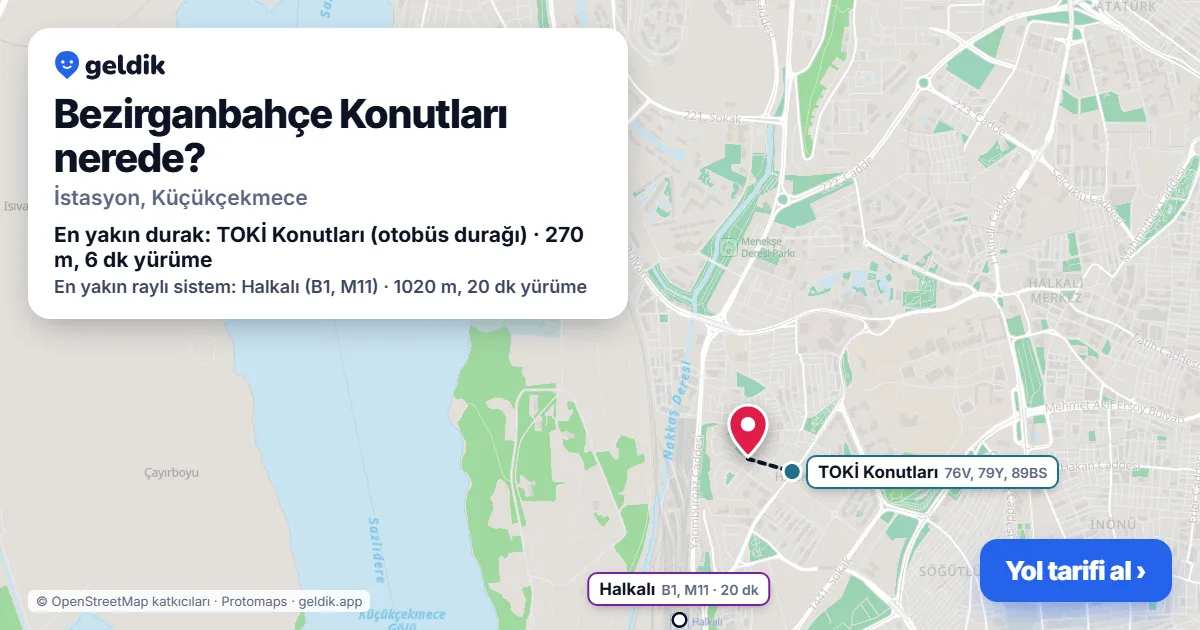 Where is Bezirganbahçe Konutları: map with its location and the nearest stops, with walking times