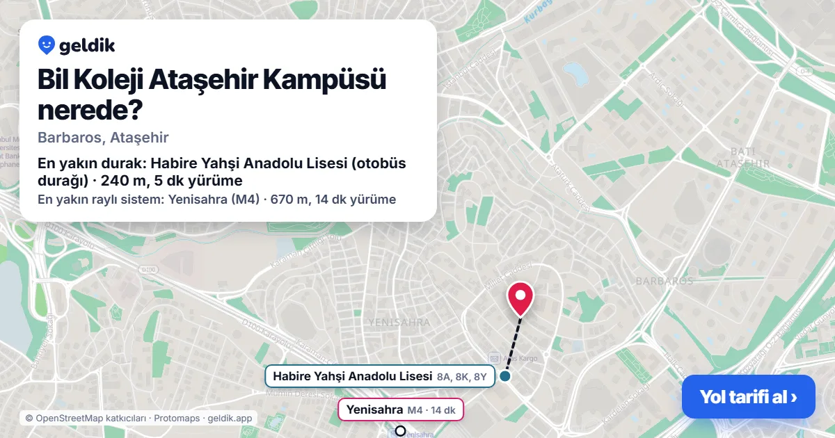 Where is Bil Koleji Ataşehir Kampüsü: map with its location and the nearest stops, with walking times