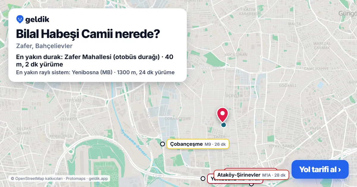 Bilal Habeşi Camii nerede: haritada konumu ve en yakın duraklar, yürüme süreleriyle