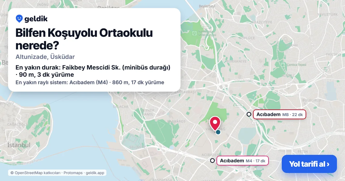 Bilfen Koşuyolu Ortaokulu nerede: haritada konumu ve en yakın duraklar, yürüme süreleriyle