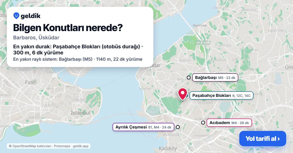 Where is Bilgen Konutları: map with its location and the nearest stops, with walking times