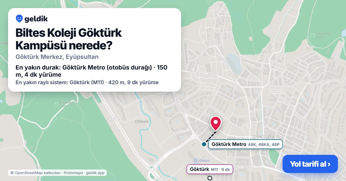 Biltes Koleji Göktürk Kampüsü nerede: haritada konumu ve en yakın duraklar, yürüme süreleriyle