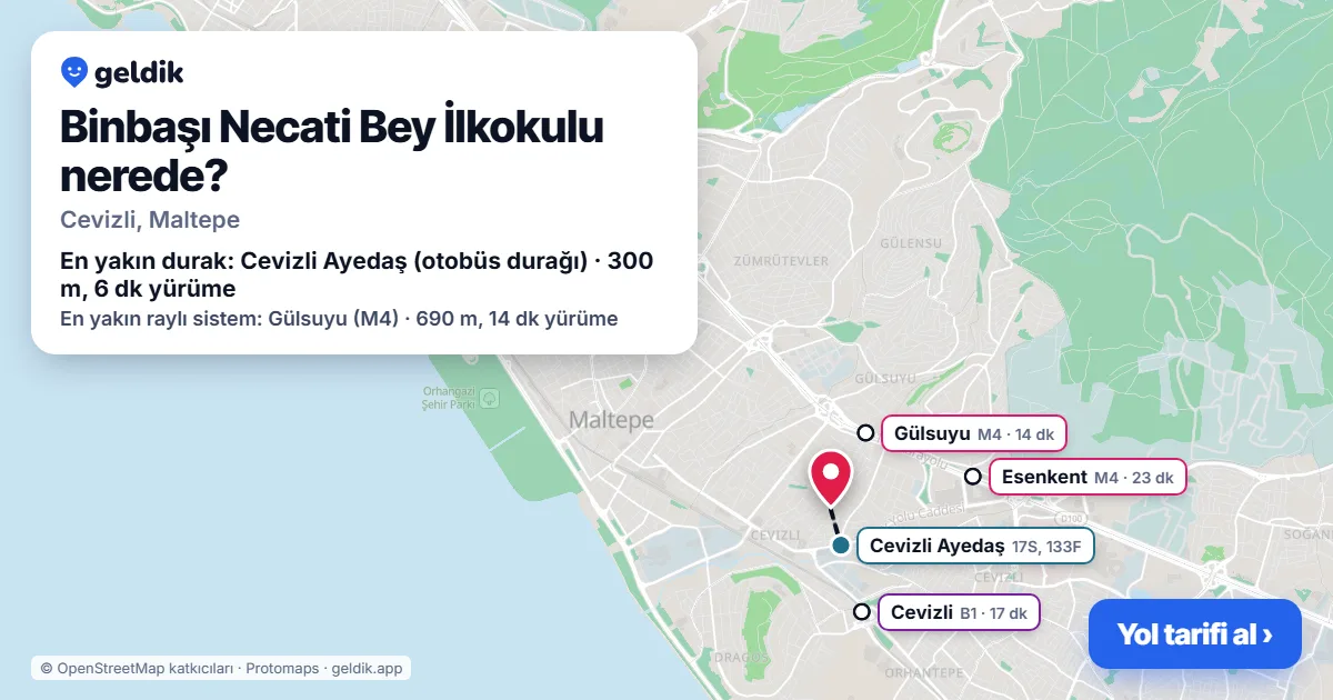 Binbaşı Necati Bey İlkokulu nerede: haritada konumu ve en yakın duraklar, yürüme süreleriyle