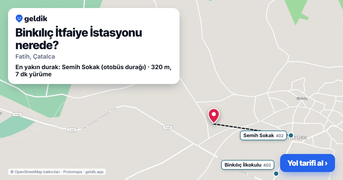 Binkılıç İtfaiye İstasyonu nerede: haritada konumu ve en yakın duraklar, yürüme süreleriyle