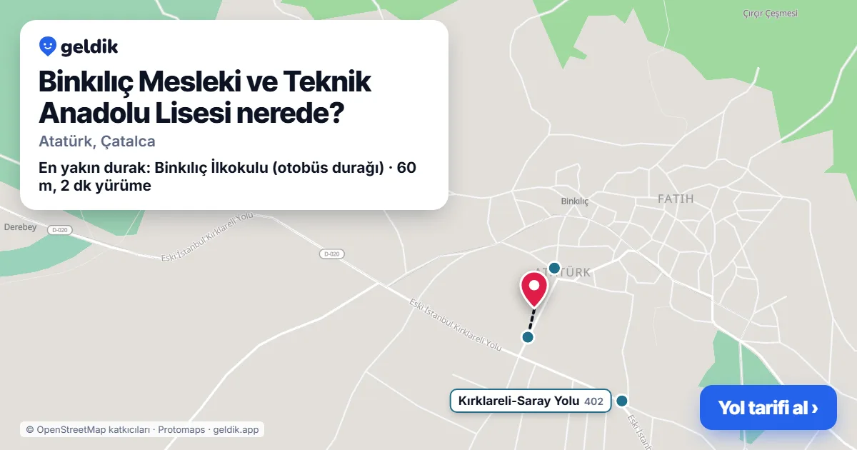 Binkılıç Mesleki ve Teknik Anadolu Lisesi nerede: haritada konumu ve en yakın duraklar, yürüme süreleriyle
