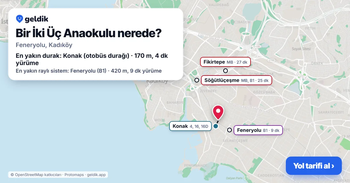 Where is Bir İki Üç Anaokulu: map with its location and the nearest stops, with walking times