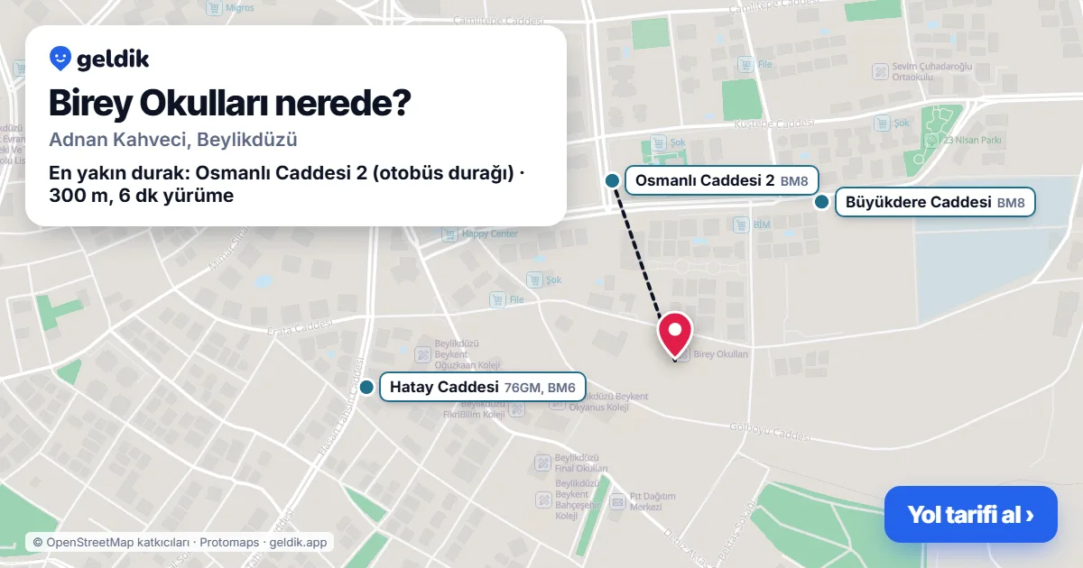 Where is Birey Okulları: map with its location and the nearest stops, with walking times
