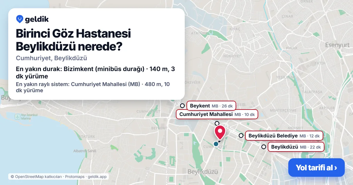 Birinci Göz Hastanesi Beylikdüzü nerede: haritada konumu ve en yakın duraklar, yürüme süreleriyle