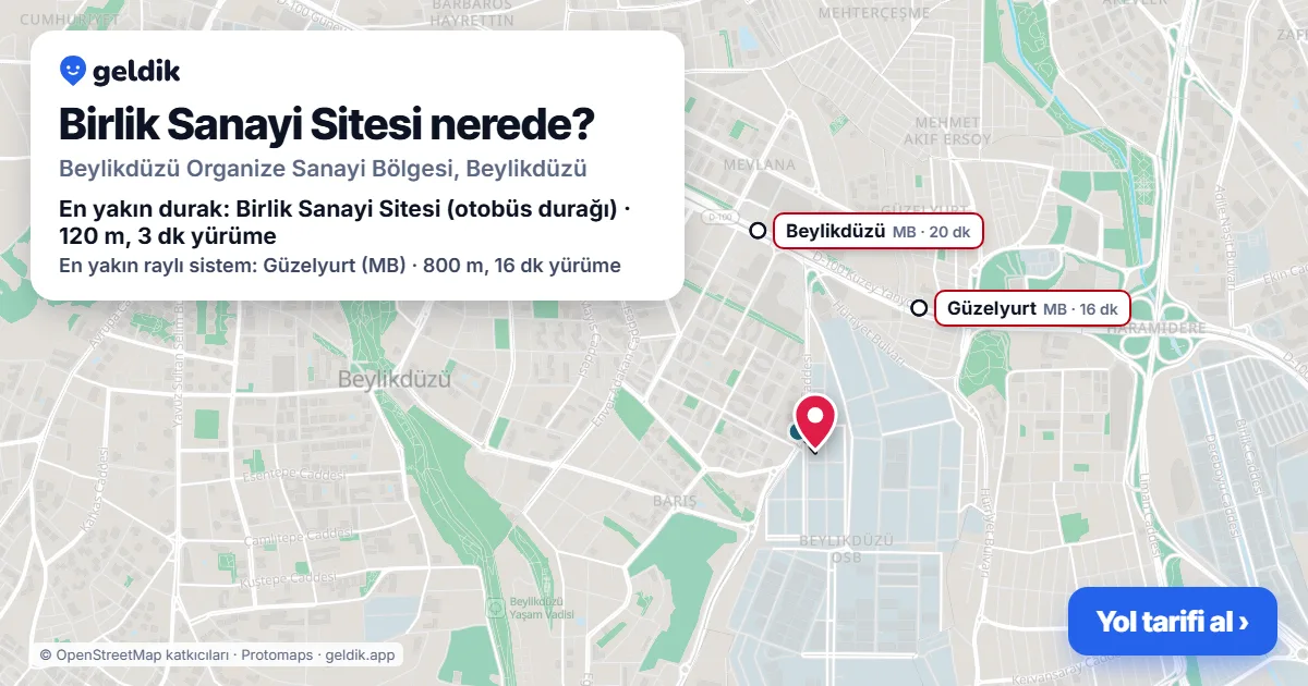 Where is Birlik Sanayi Sitesi: map with its location and the nearest stops, with walking times