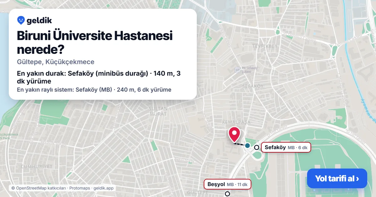 Biruni Üniversite Hastanesi nerede: haritada konumu ve en yakın duraklar, yürüme süreleriyle