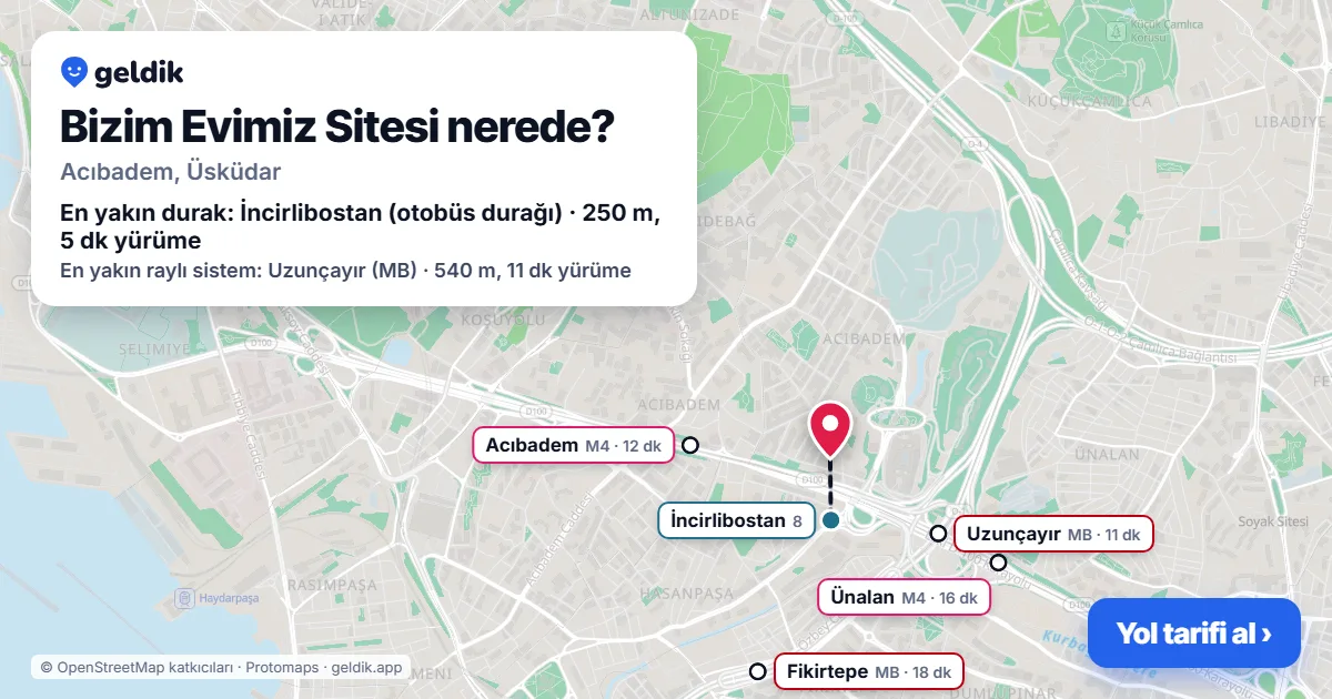 Where is Bizim Evimiz Sitesi: map with its location and the nearest stops, with walking times