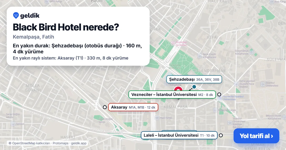 Where is Black Bird Hotel: map with its location and the nearest stops, with walking times