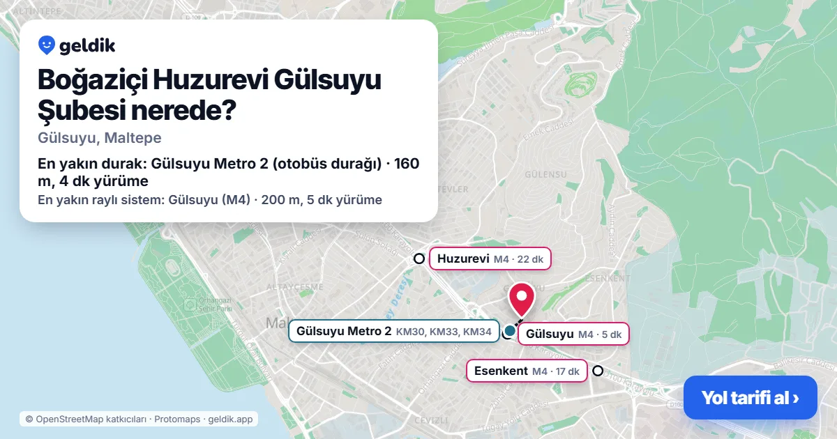 Where is Boğaziçi Huzurevi Gülsuyu Şubesi: map with its location and the nearest stops, with walking times