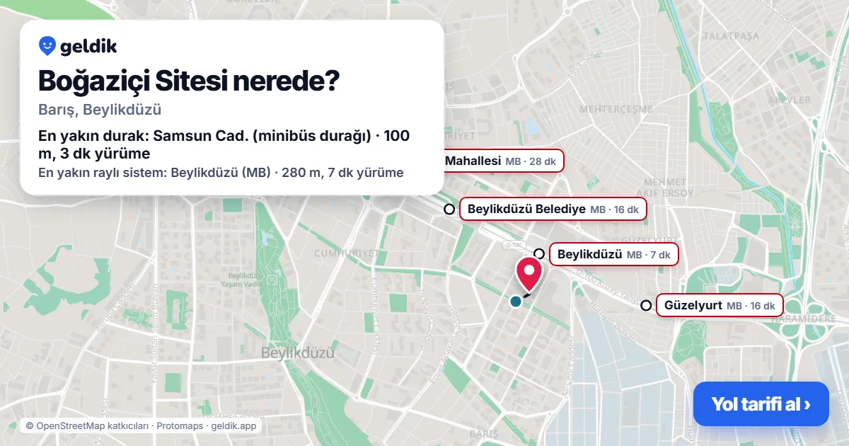 Boğaziçi Sitesi nerede: haritada konumu ve en yakın duraklar, yürüme süreleriyle