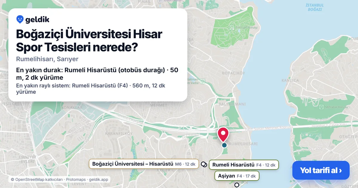 Where is Boğaziçi Üniversitesi Hisar Spor Tesisleri: map with its location and the nearest stops, with walking times