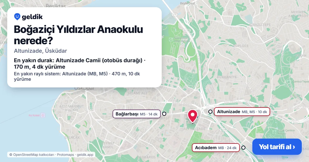 Boğaziçi Yıldızlar Anaokulu nerede: haritada konumu ve en yakın duraklar, yürüme süreleriyle