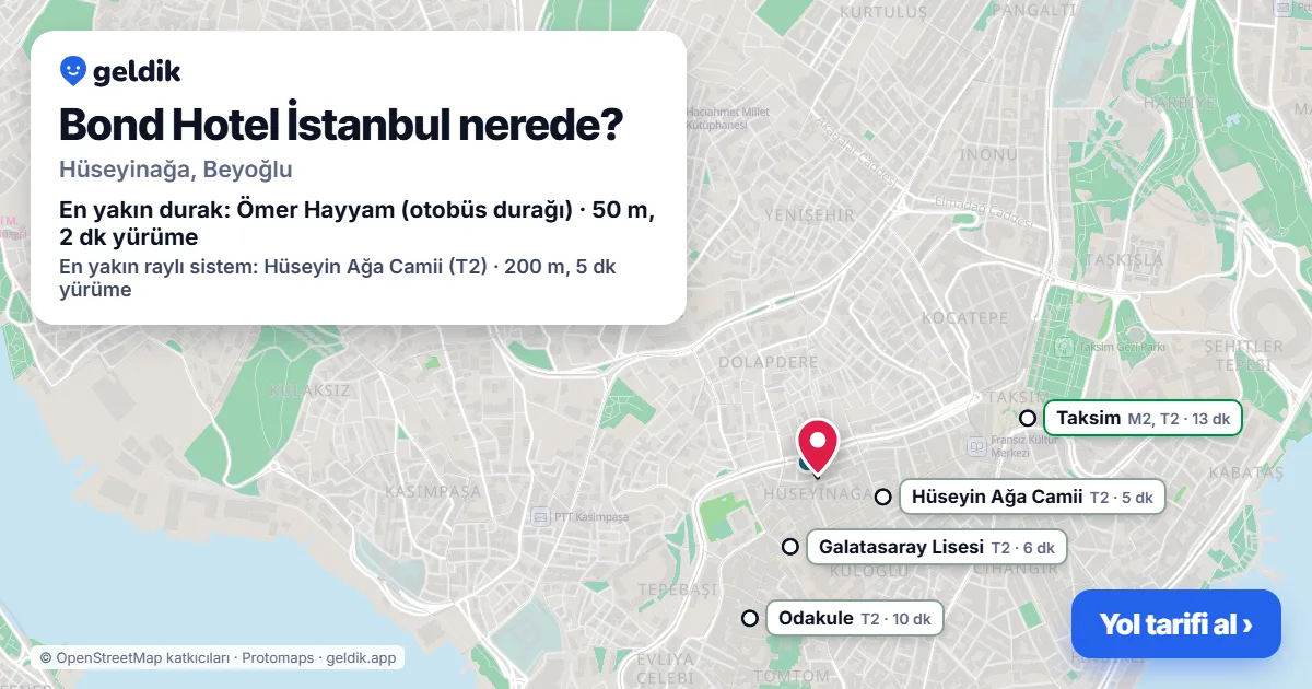 Bond Hotel İstanbul nerede: haritada konumu ve en yakın duraklar, yürüme süreleriyle