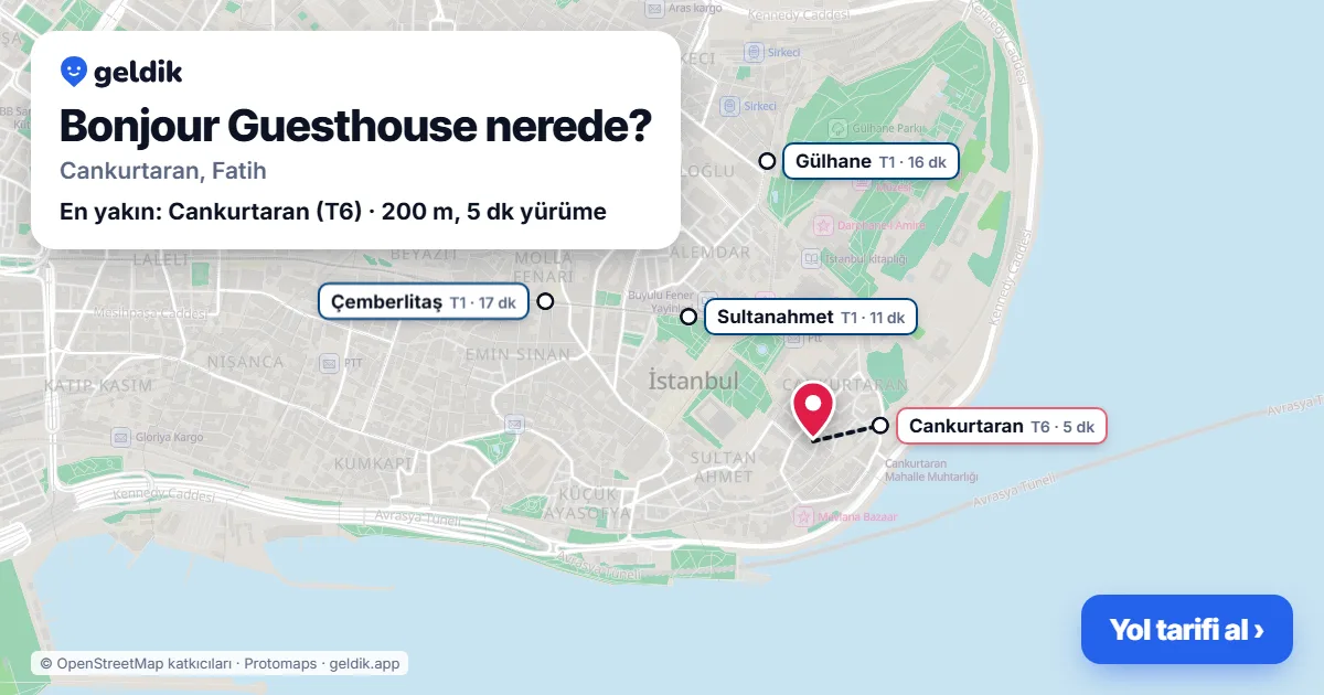Where is Bonjour Guesthouse: map with its location and the nearest stops, with walking times