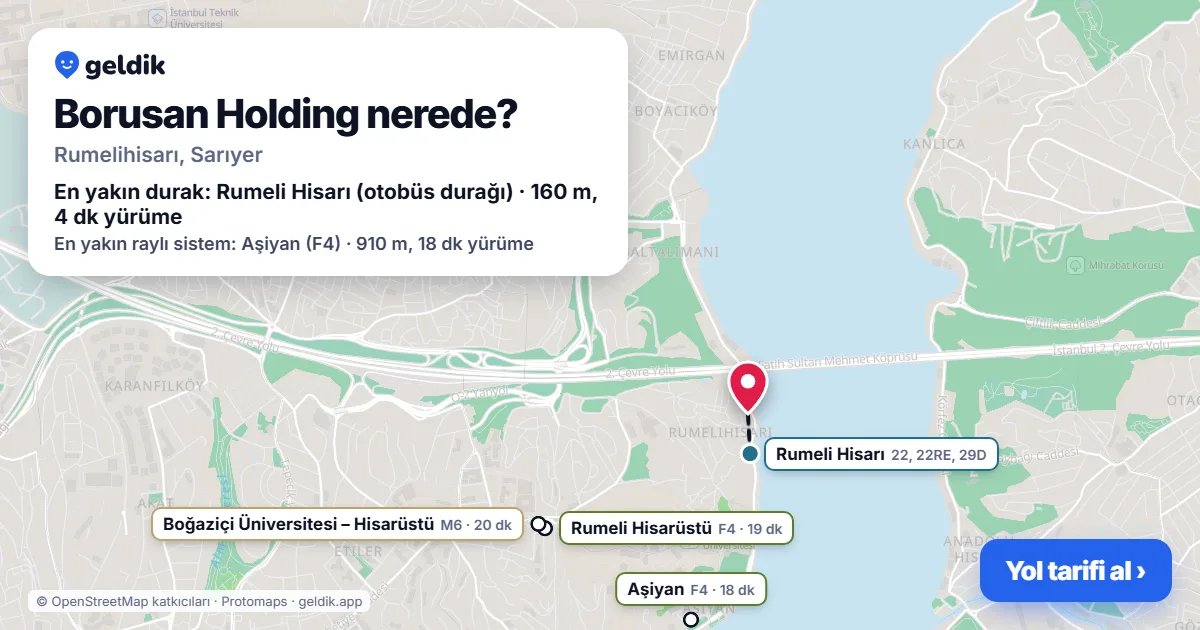 Borusan Holding nerede: haritada konumu ve en yakın duraklar, yürüme süreleriyle