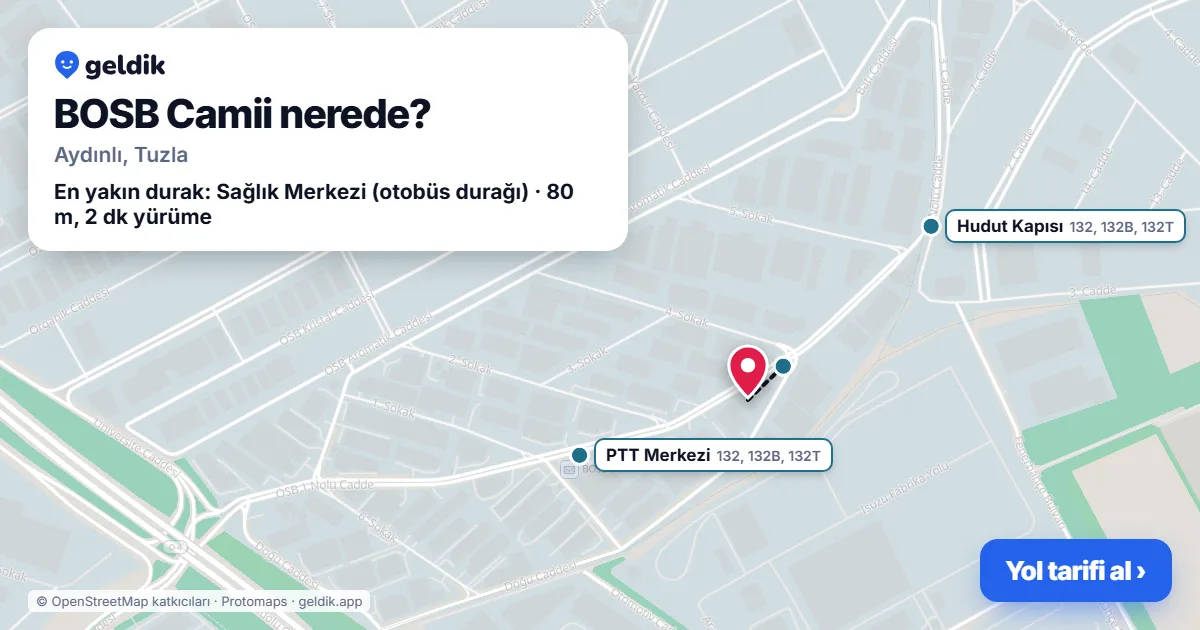 Where is BOSB Camii: map with its location and the nearest stops, with walking times