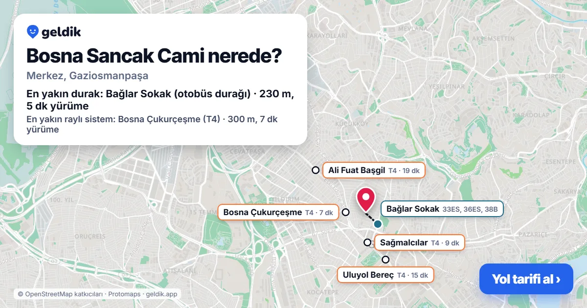 Bosna Sancak Cami nerede: haritada konumu ve en yakın duraklar, yürüme süreleriyle