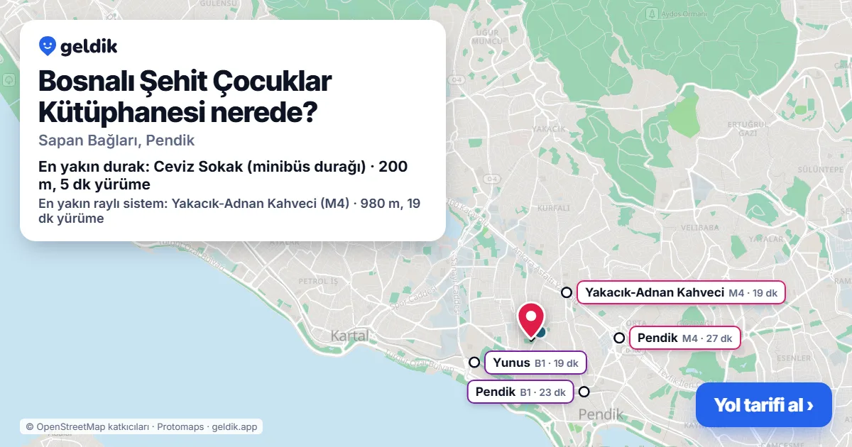 Bosnalı Şehit Çocuklar Kütüphanesi nerede: haritada konumu ve en yakın duraklar, yürüme süreleriyle