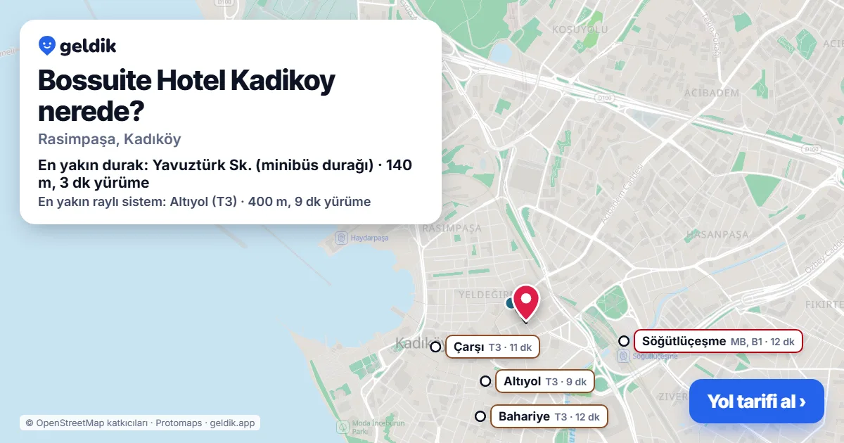Where is Bossuite Hotel Kadikoy: map with its location and the nearest stops, with walking times