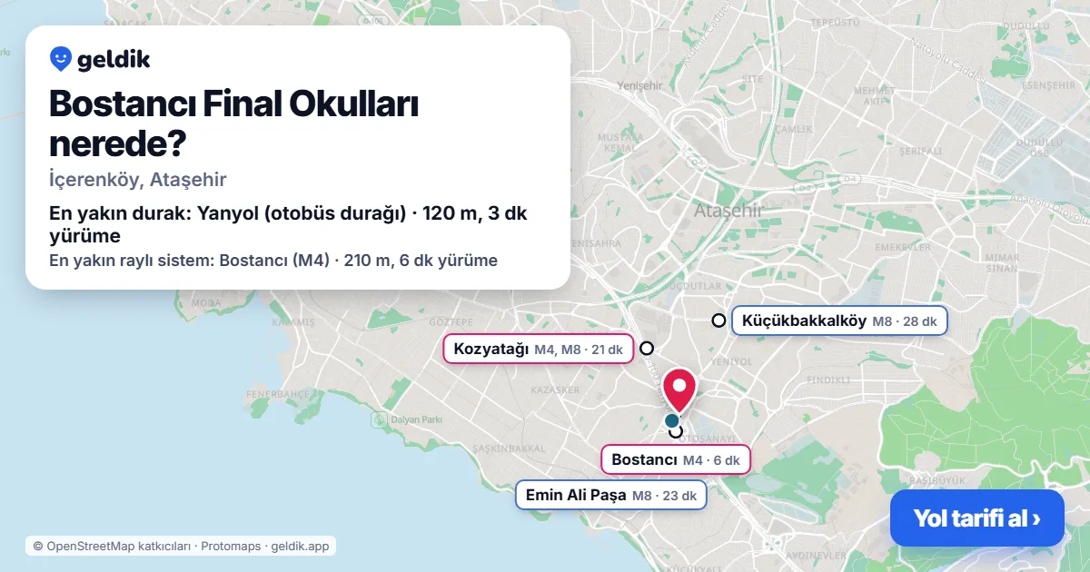 Bostancı Final Okulları nerede: haritada konumu ve en yakın duraklar, yürüme süreleriyle