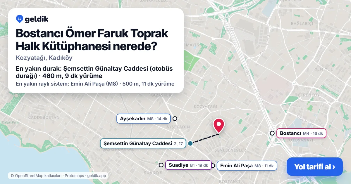 Bostancı Ömer Faruk Toprak Halk Kütüphanesi nerede: haritada konumu ve en yakın duraklar, yürüme süreleriyle