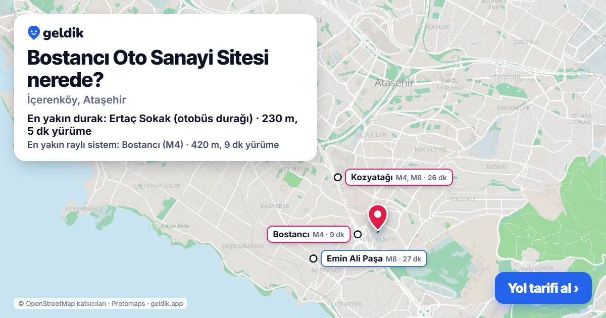 Bostancı Oto Sanayi Sitesi nerede: haritada konumu ve en yakın duraklar, yürüme süreleriyle