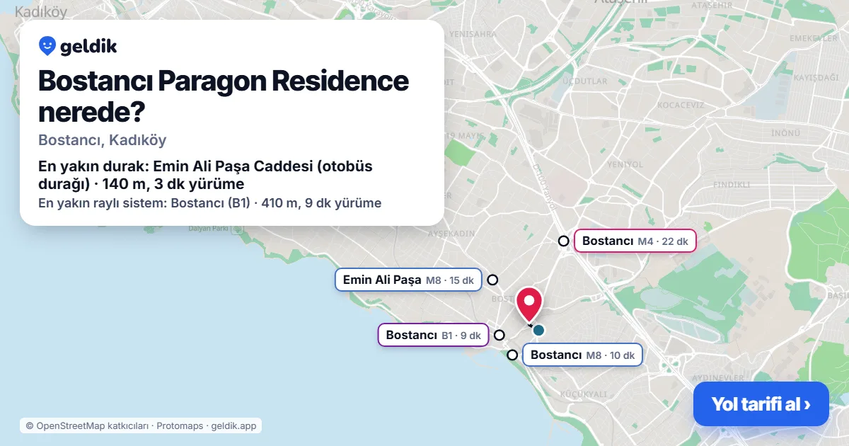 Bostancı Paragon Residence nerede: haritada konumu ve en yakın duraklar, yürüme süreleriyle