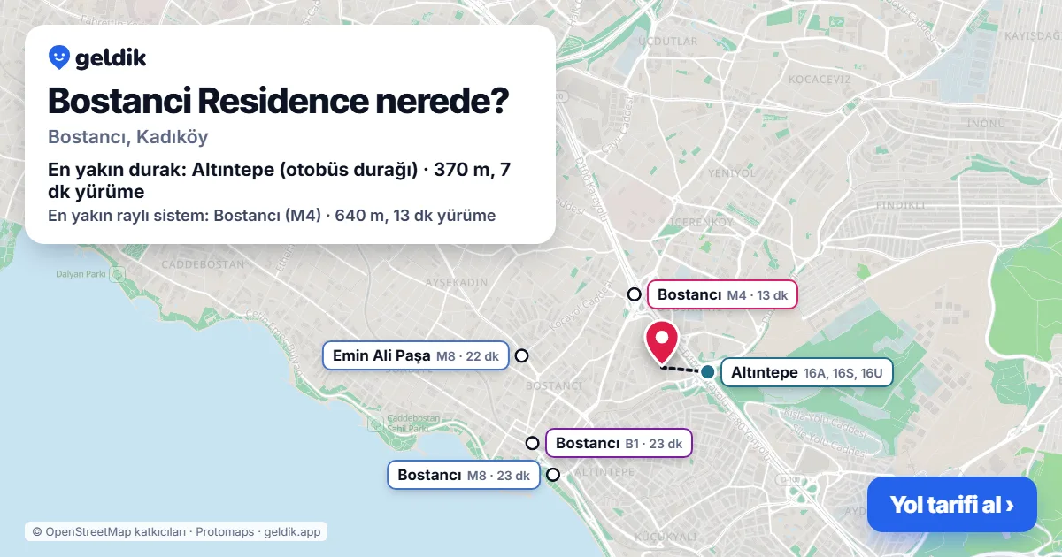 Where is Bostanci Residence: map with its location and the nearest stops, with walking times