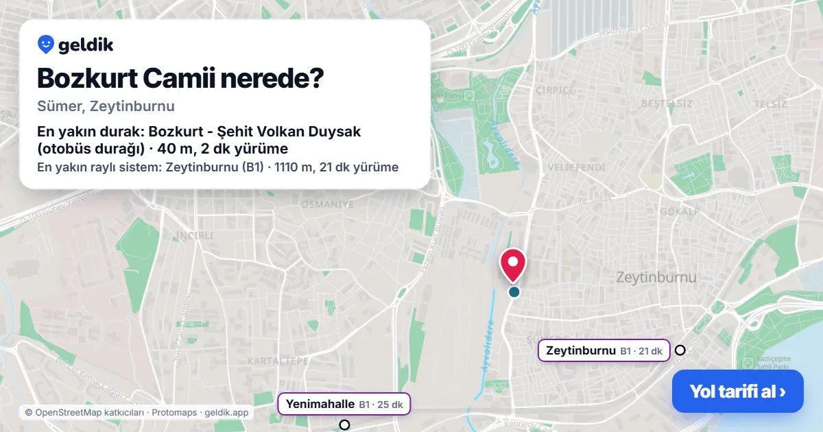 Bozkurt Camii nerede: haritada konumu ve en yakın duraklar, yürüme süreleriyle