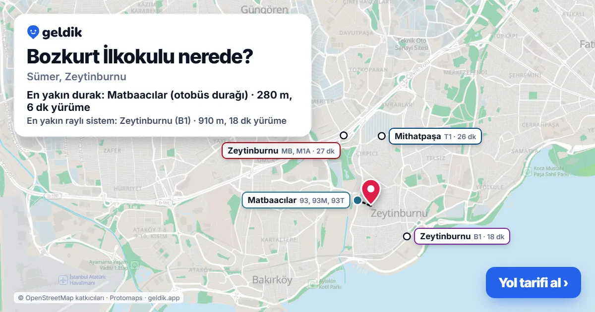 Bozkurt İlkokulu nerede: haritada konumu ve en yakın duraklar, yürüme süreleriyle