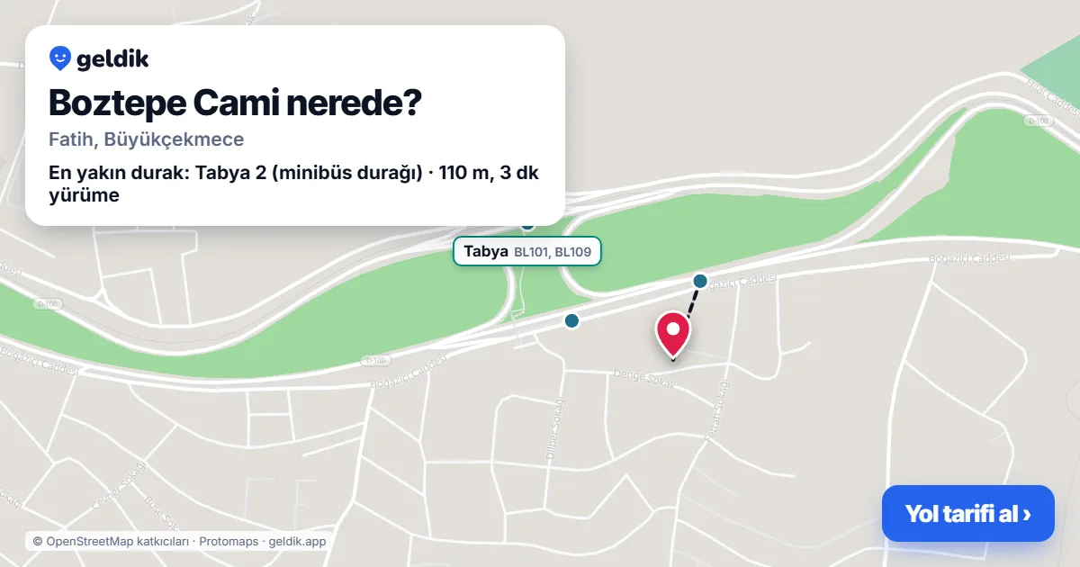 Where is Boztepe Cami: map with its location and the nearest stops, with walking times