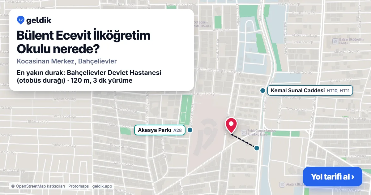 Bülent Ecevit İlköğretim Okulu nerede: haritada konumu ve en yakın duraklar, yürüme süreleriyle