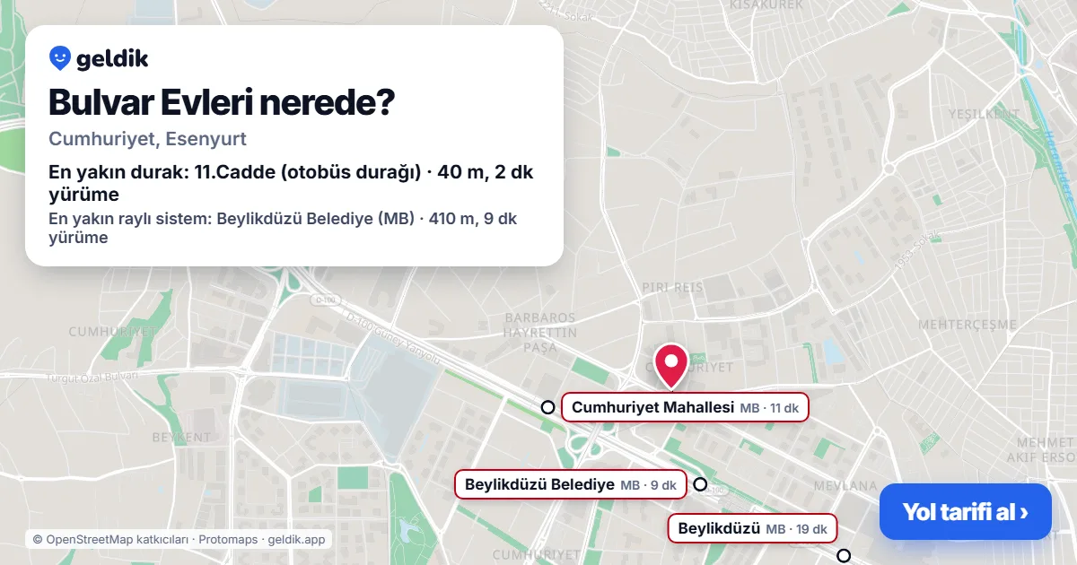 Bulvar Evleri nerede: haritada konumu ve en yakın duraklar, yürüme süreleriyle