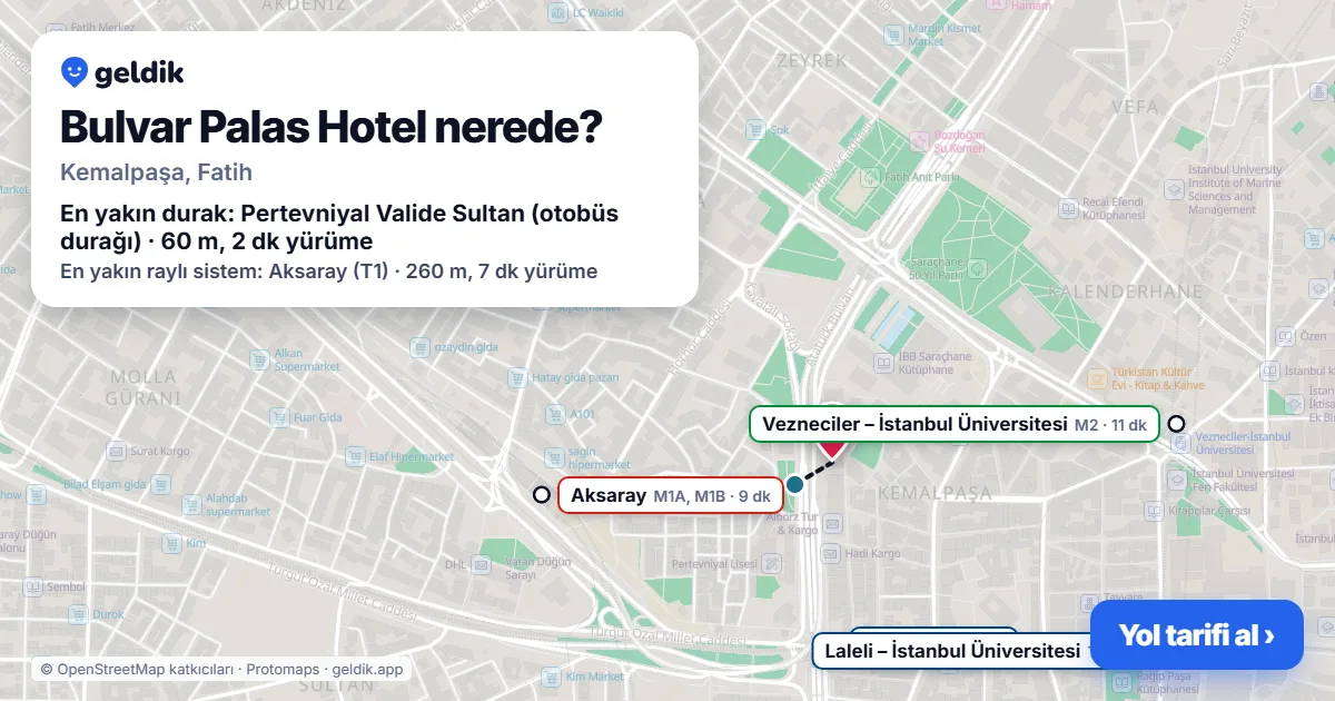 Bulvar Palas Hotel nerede: haritada konumu ve en yakın duraklar, yürüme süreleriyle