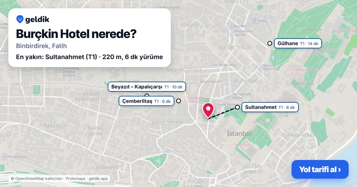 Burçkin Hotel nerede: haritada konumu ve en yakın duraklar, yürüme süreleriyle