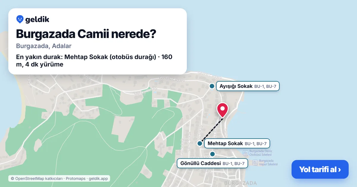 Burgazada Camii nerede: haritada konumu ve en yakın duraklar, yürüme süreleriyle
