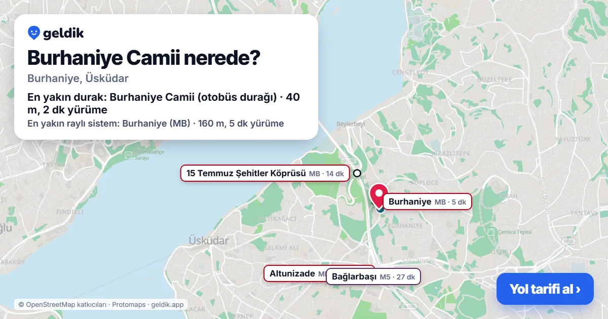 Where is Burhaniye Camii: map with its location and the nearest stops, with walking times