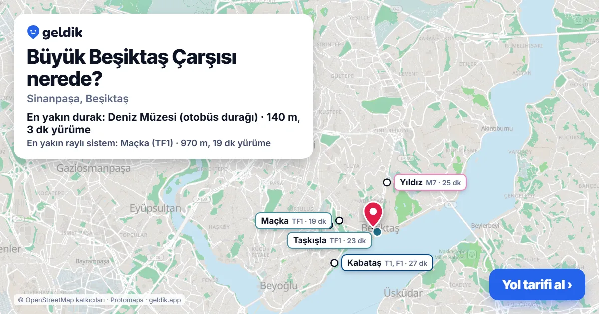 Where is Büyük Beşiktaş Bazaar: map with its location and the nearest stops, with walking times