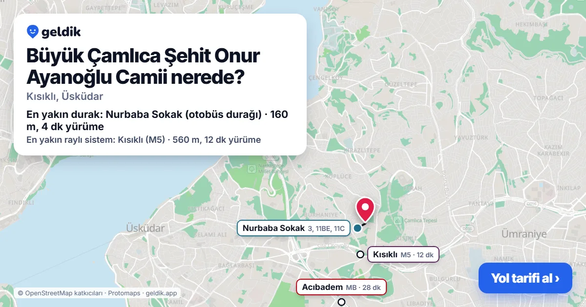 Büyük Çamlıca Şehit Onur Ayanoğlu Camii nerede: haritada konumu ve en yakın duraklar, yürüme süreleriyle