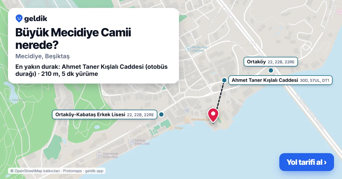 Büyük Mecidiye Camii nerede: haritada konumu ve en yakın duraklar, yürüme süreleriyle