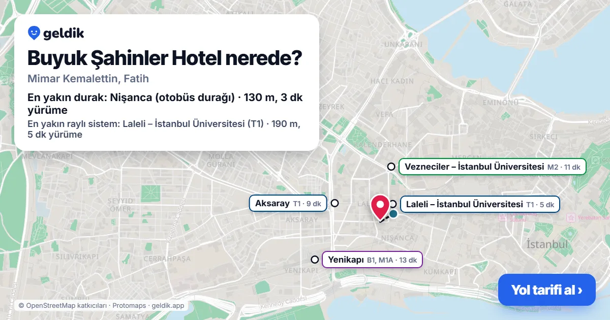 Buyuk Şahinler Hotel nerede: haritada konumu ve en yakın duraklar, yürüme süreleriyle