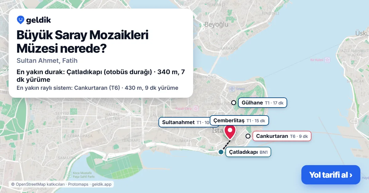 Büyük Saray Mozaikleri Müzesi nerede: haritada konumu ve en yakın duraklar, yürüme süreleriyle