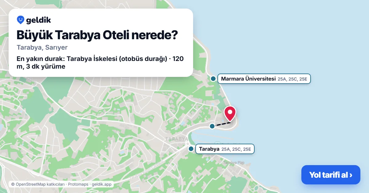 Büyük Tarabya Oteli nerede: haritada konumu ve en yakın duraklar, yürüme süreleriyle