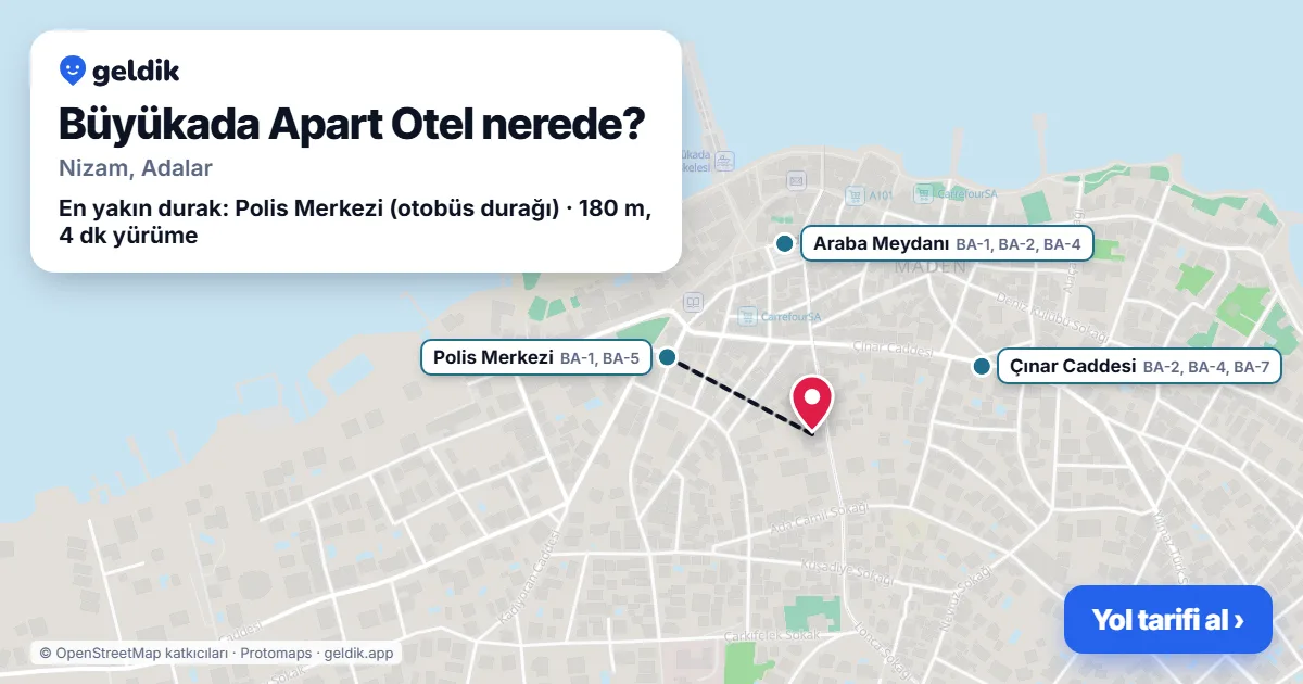 Where is Büyükada Apart Otel: map with its location and the nearest stops, with walking times