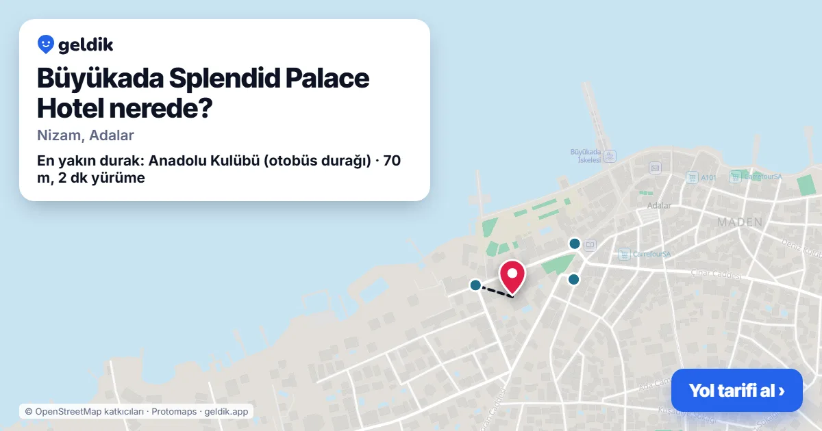 Büyükada Splendid Palace Hotel nerede: haritada konumu ve en yakın duraklar, yürüme süreleriyle